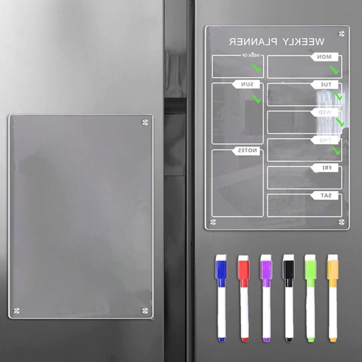Set van 2 Wasbare A4 Maandplanner met Magnetische Acryl Fridge Planner voor To-Do Lijsten, Dagplannen en Boodschappenlijstjes, Inclusief 6 Stiften