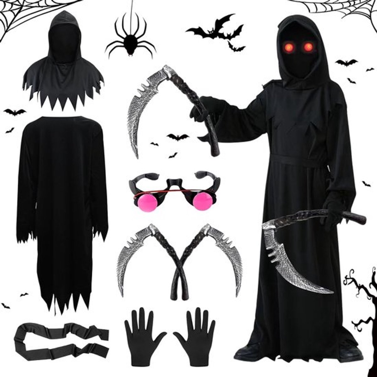 Grim Reaper Kostuum voor Halloween voor Mannen en Vrouwen met Maskerset voor Feest en Cosplay, 120 cm