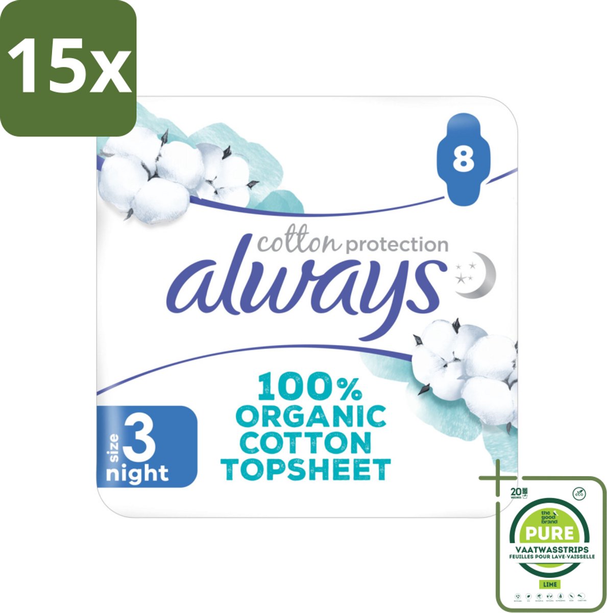 15 x Always - Maandverband - Night - Cotton Protection - Met Vleugels - 8 Maandverband - Grootverpakking - Nachtverband - Maandverband - Biologisch Katoen - Gevoelige Huid - Absorberend
