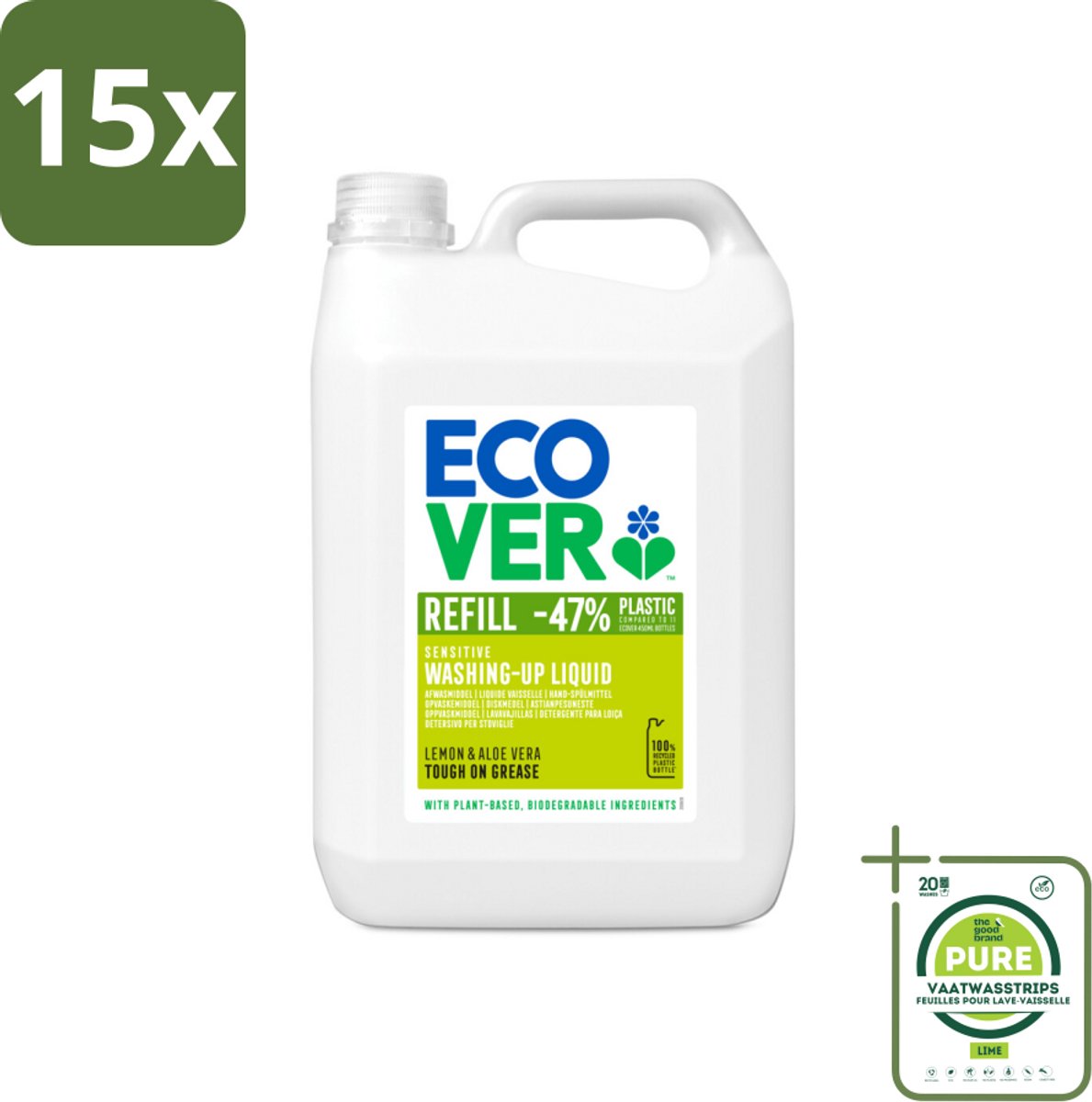 15 x Ecover - Afwasmiddel - Citroen & Aloë Vera - 5 liter - Grootverpakking - Afwasmiddel - Citroen - Aloë Vera - Biologisch Afbreekbaar - Plantaardige Ingrediënten