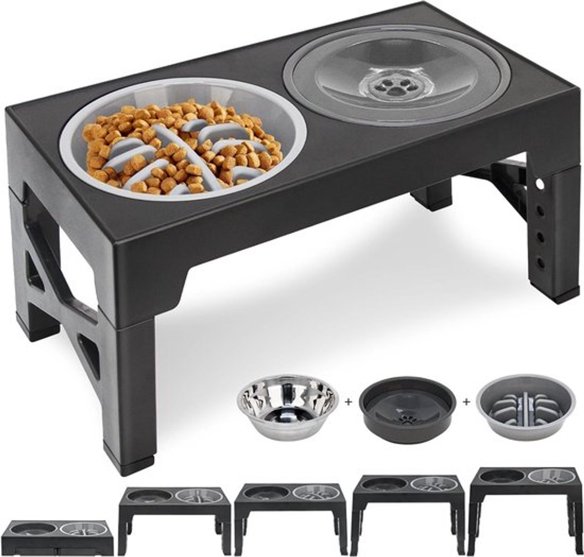 Verhoogde Hondenbak met Standard en Langzame Feeder - 3-in-1 Voederbak