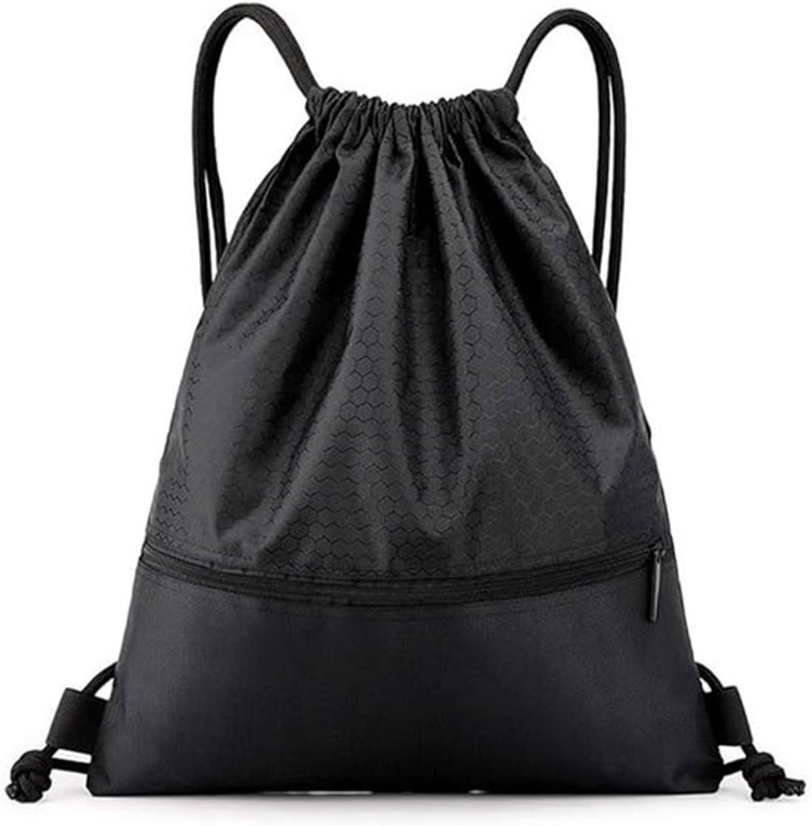 Waterdichte Sporttas met Trekkoord, Verstelbare Gymtas met Rits voor Sport, Reizen, School en Strand, Zwart, Groot formaat