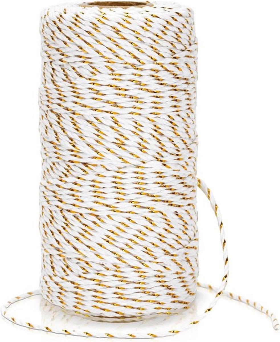 100m Katoenen Touw met Goudkleurig Touw, 2mm Dikte voor Handwerken, Cadeauverpakking en Keukenprojecten