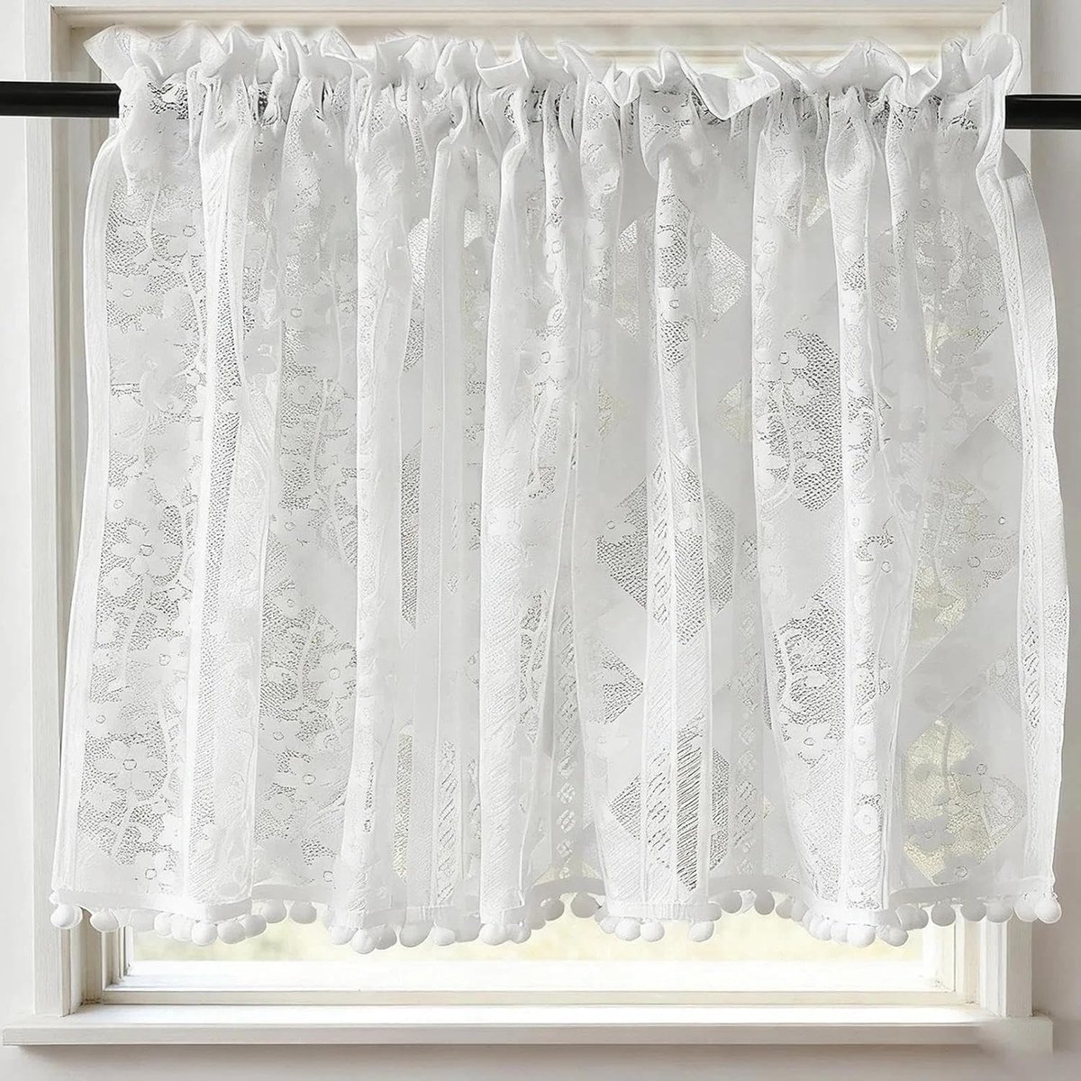Vitrage Gordijn - Keuken Decoratie - Privacy Creëren - Elegante Kant Look - 103.5 x 60 cm - Wit