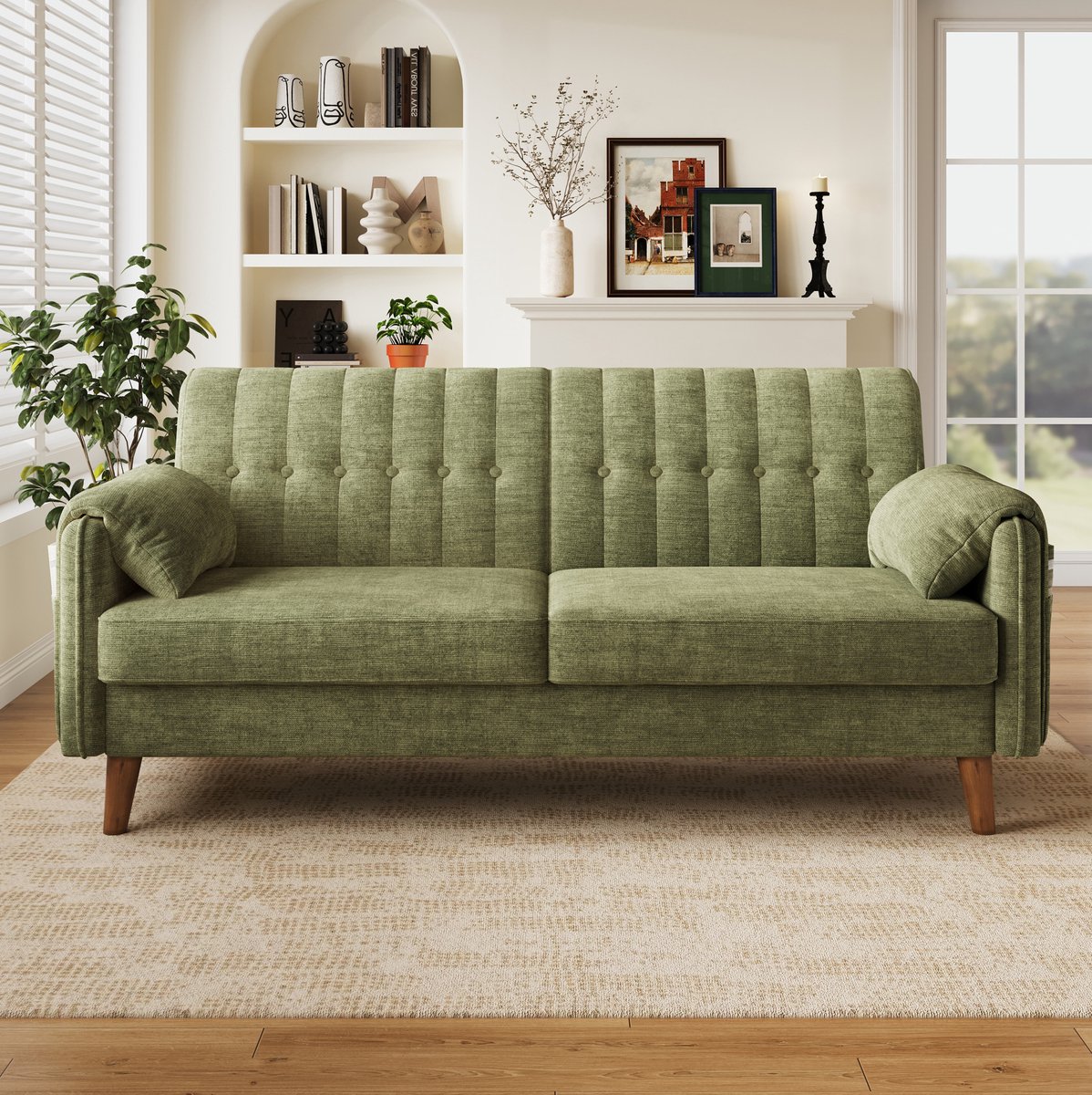FloraGrace 2-Zitsbank - Compacte Chenille Zitbank Met Knopstiksel, Armleunkussens En Zijvakken - Voor Woonkamer, Bureau Of Slaapkamer - Chenille - Groen