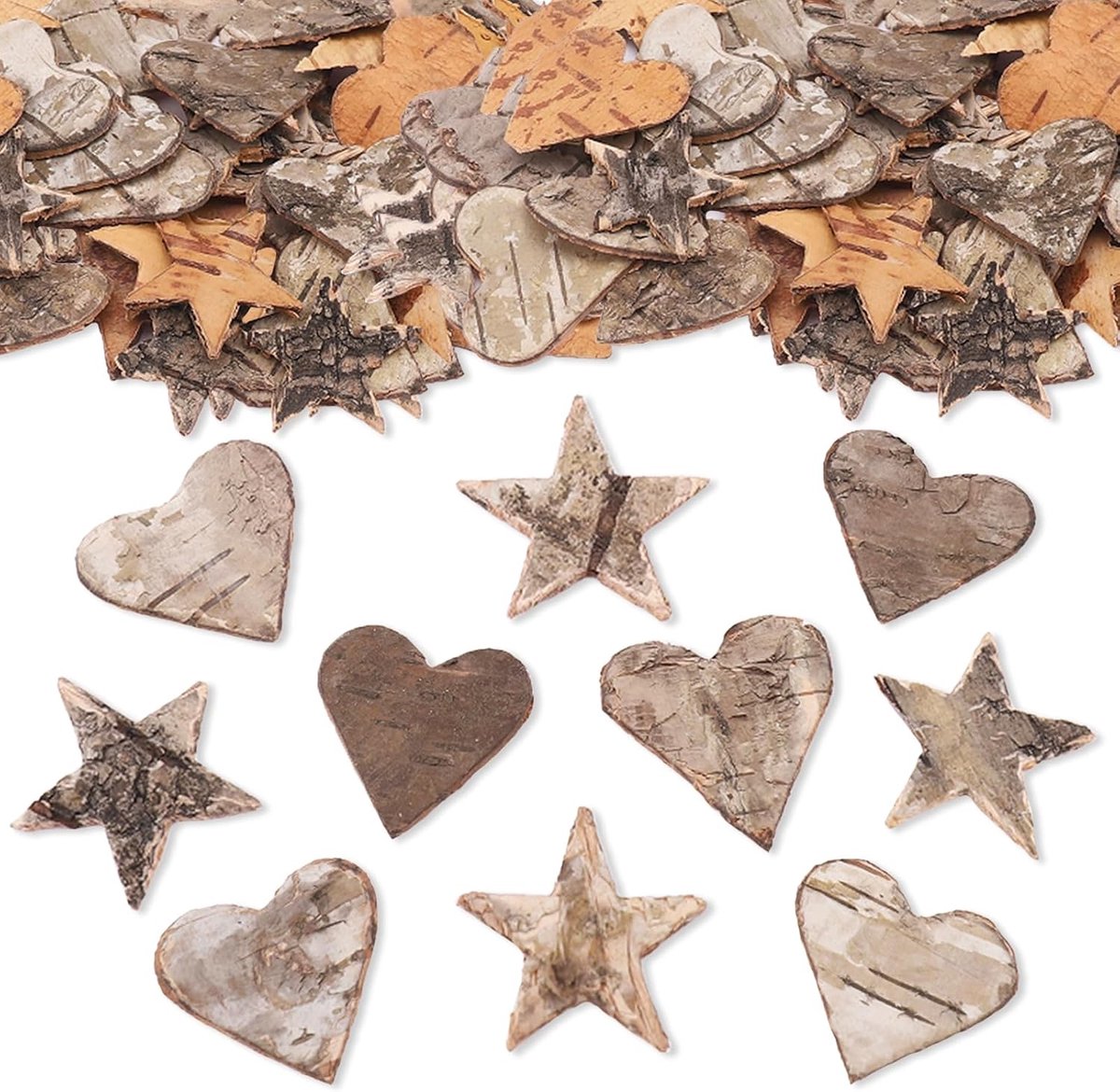 SnelShoppen - Pack van 50 Houten Sterren van Berk - Decoratie voor Hartvormige Versieringen - Ideaal voor Feesten, Creatieve Projecten, Tuin en Kinder