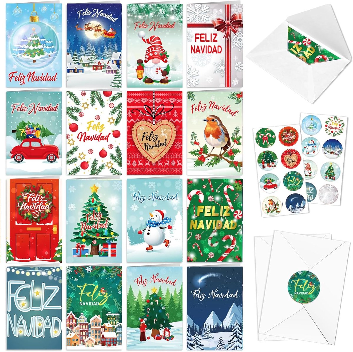 SnelShoppen - 16 Stuks Kerstkaarten met Envelop en Stickers, Kleurvolle Kerstkaarten Set met Sneeuwvlokken en Kerstbomen, Perfect voor Feestdagen