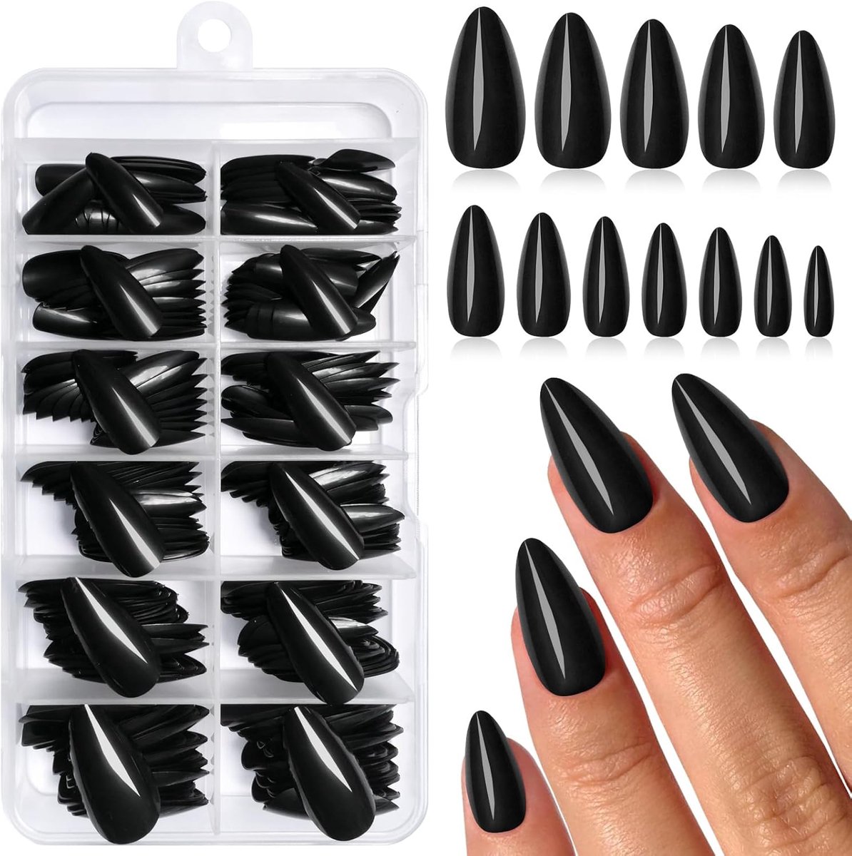 Kunstnagels 240 stuks zwart amandel - middelmatige lengte - glanzend - perfecte nagelset voor thuisgebruik - ShopVlot