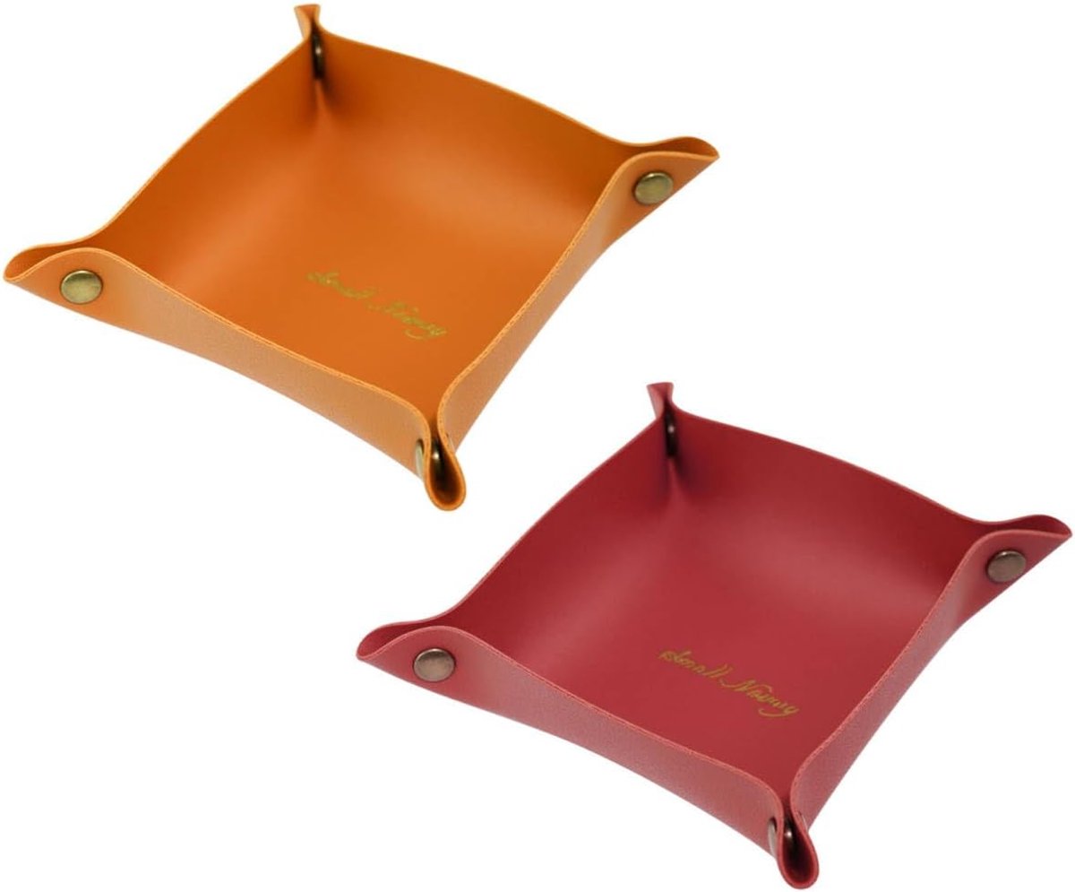 SnelShoppen - Set van 2 Stuks Vouwbare Faux Leder Opbergtray voor Sleutels, Telefoon, Sieraden, Munten - Luxe Oranje en Rood - Ideaal voor Woonkamer e