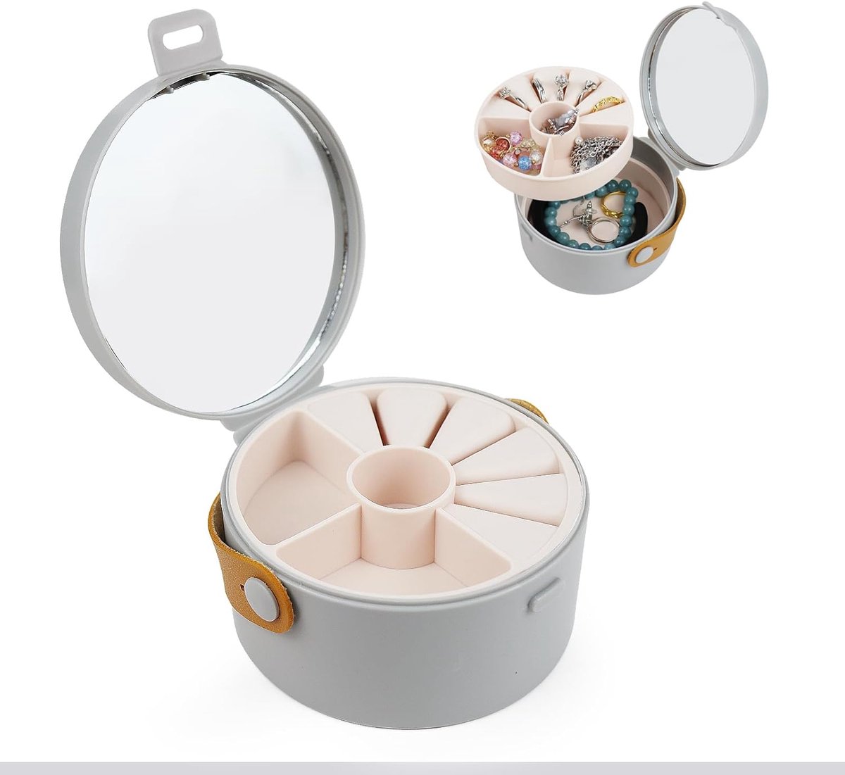 Travel Jewellery Box Simple Round Small with Mirror, Portable Detachable Jewellery Organiser for Rings, Earrings - ShopVlot