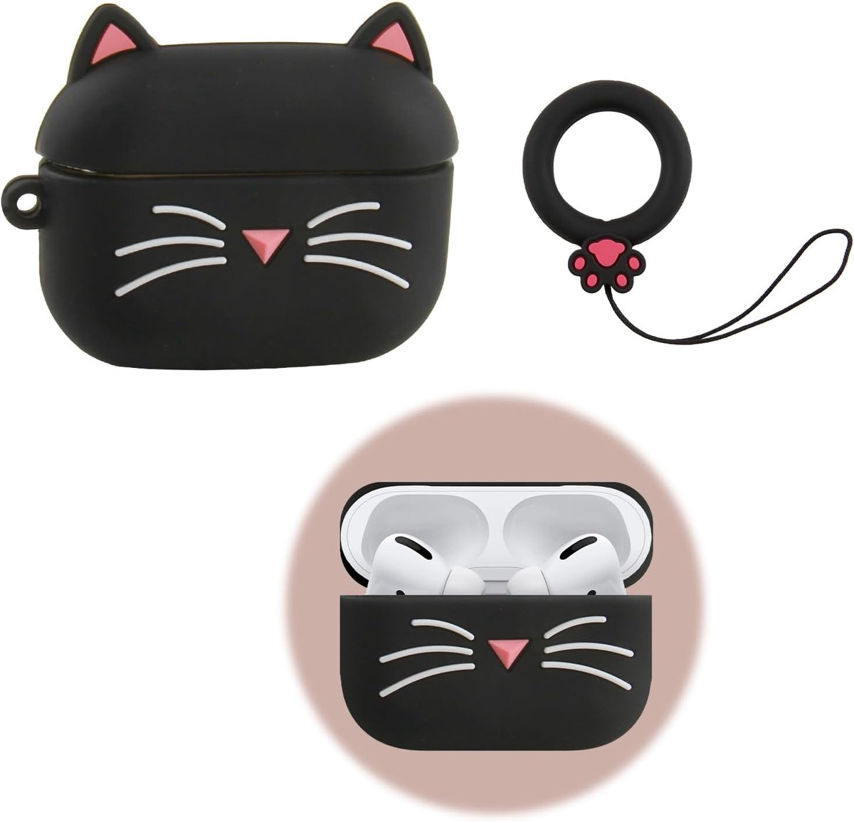 SnelShoppen - Schattige Hoes voor Airpods Pro 1 en 2, Zwart Kattenontwerp, Zacht Schokbestendig Siliconen, Inclusief Carabiner, Grappig 3D Design