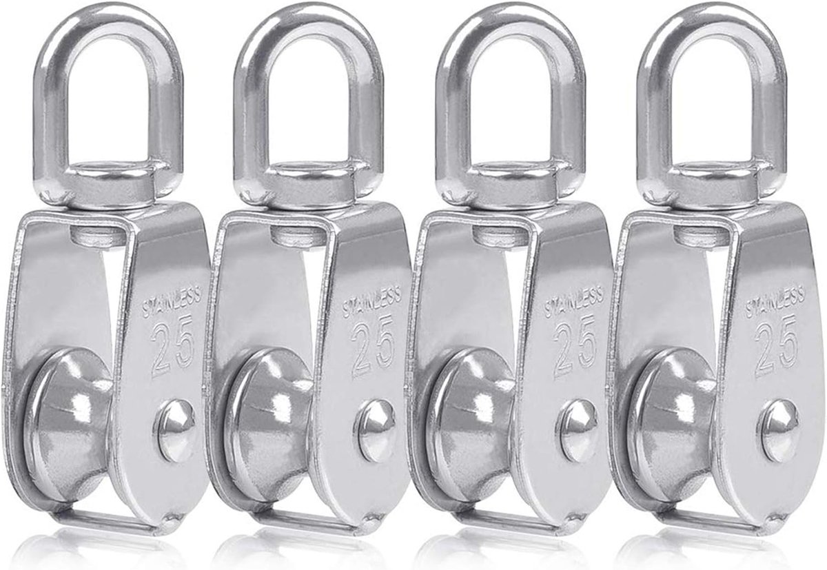 SnelShoppen - 4 Stuks Monoblok Blokken 25 mm RVS 304, Monoblok Kranen voor Katrollen M25 met Enkel Katrol, Draaiend Papiergewicht 150 kg