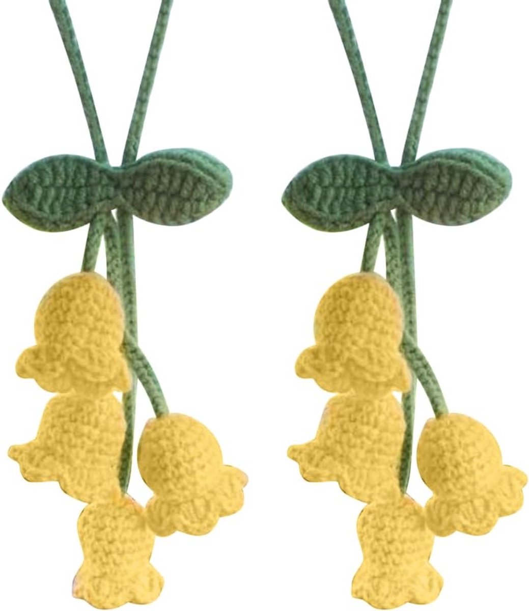 SnelShoppen - 2 Stuks Schattige Gehaakte Lelie als Achteruitkijkspiegel Ornament, Decoratie voor Auto, Thuis en Kantoor, 15 cm, Inclusief Verlenglijn