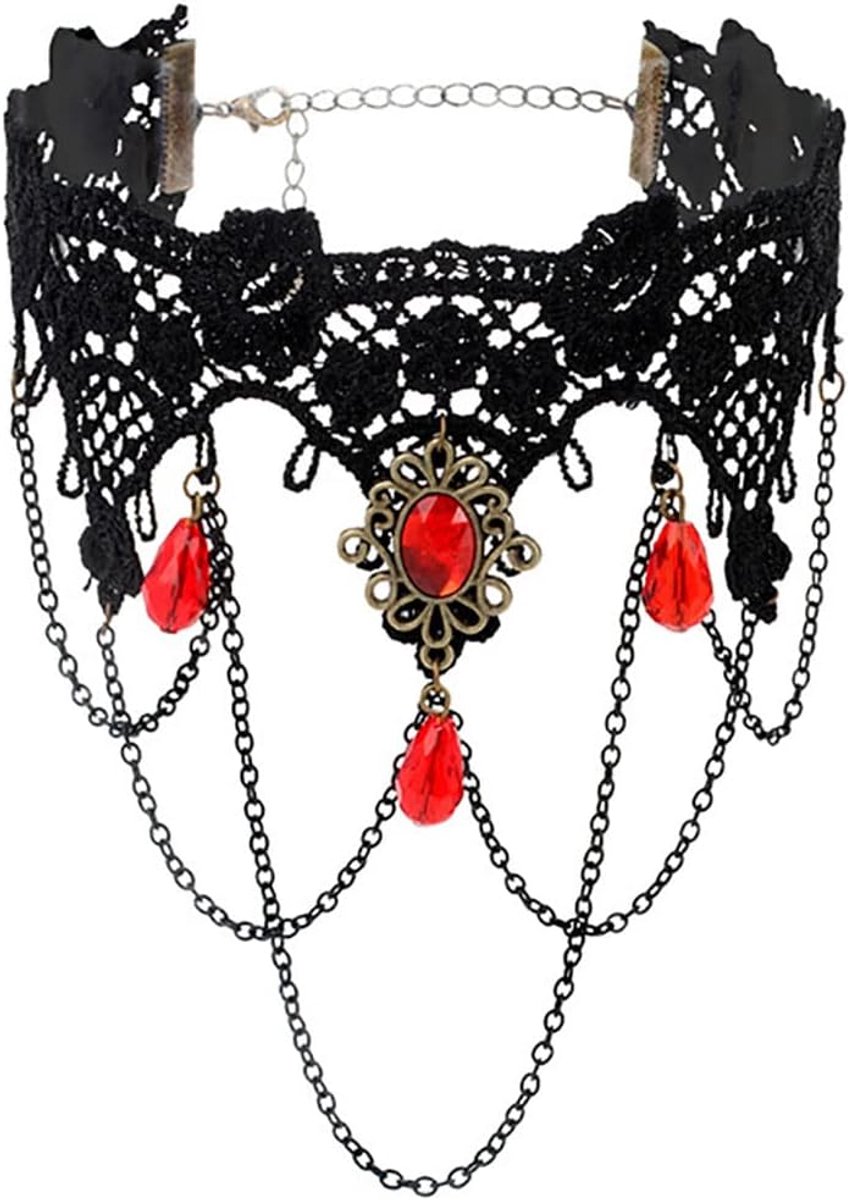 Prosy Halloween Gothic Black Lace Choker Pendant Necklaces Statement Red Gemstone Collar Choker Jewelry Adjustable for - ShopVlot
