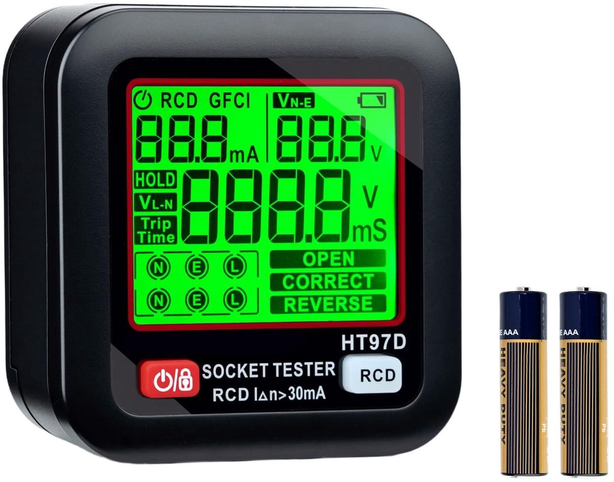 Socket Tester met RCD en LCD Voltage Display - 6 Soorten Foutdiagnose, Aardlek Test en Spanning Indicator, 30-260 V/45-65 Hz voor Veiligheid en Betrouwbaarheid