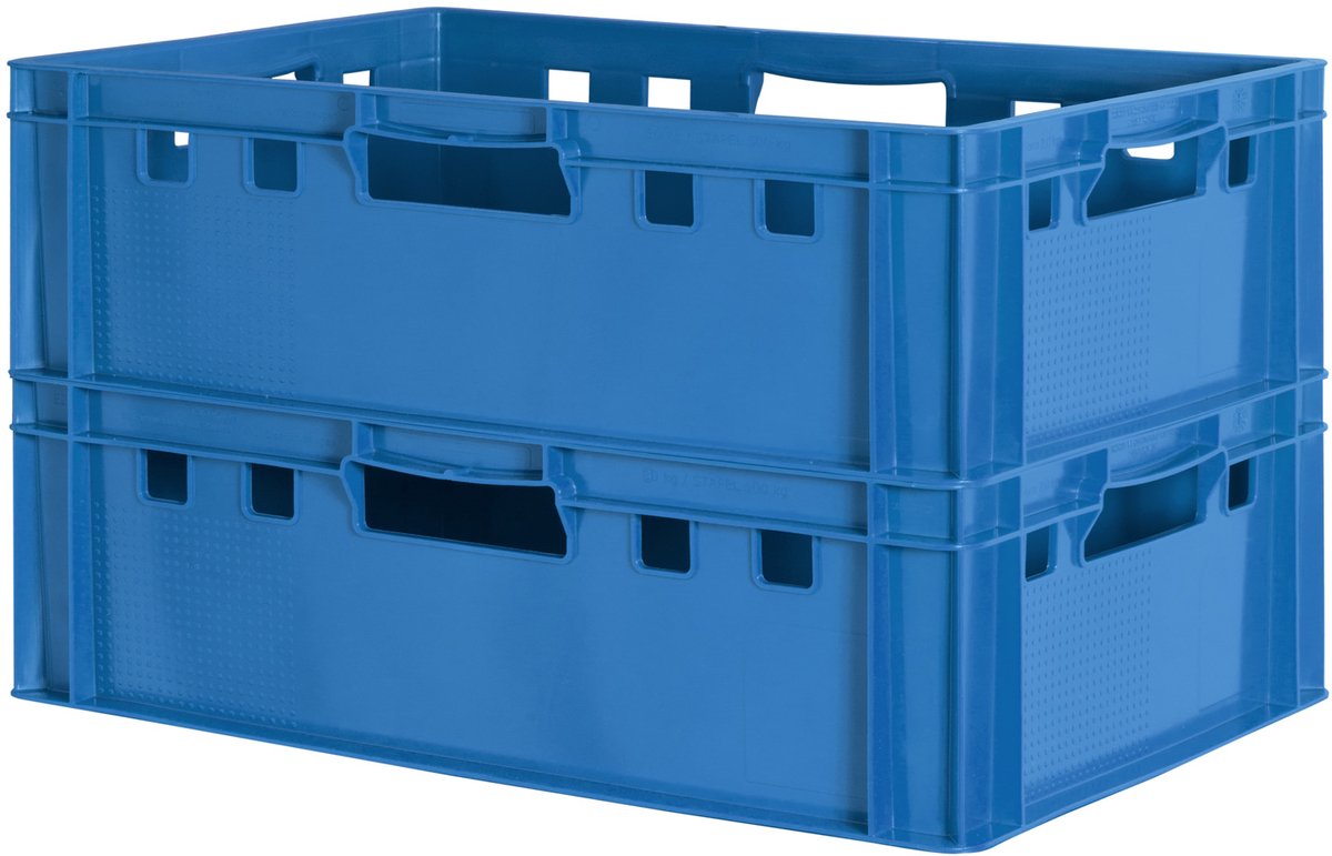 2 E2 vleeskratten, voedselveilige Euroboxen, slagerskratten, opbergdozen, plastic trays, stapelbare opbergkratten, 60 x 40 cm, blauw, Kingpower