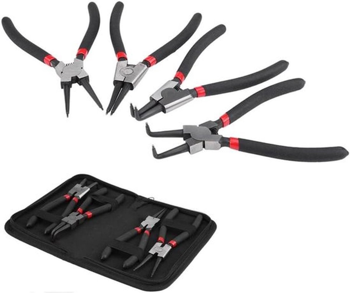 4-delige set zware universele borgringtangen | Recht buigtype | Interne en externe borgringtang | 7 inch multifunctioneel | Massief chroomvanadiumstaal met draagtas