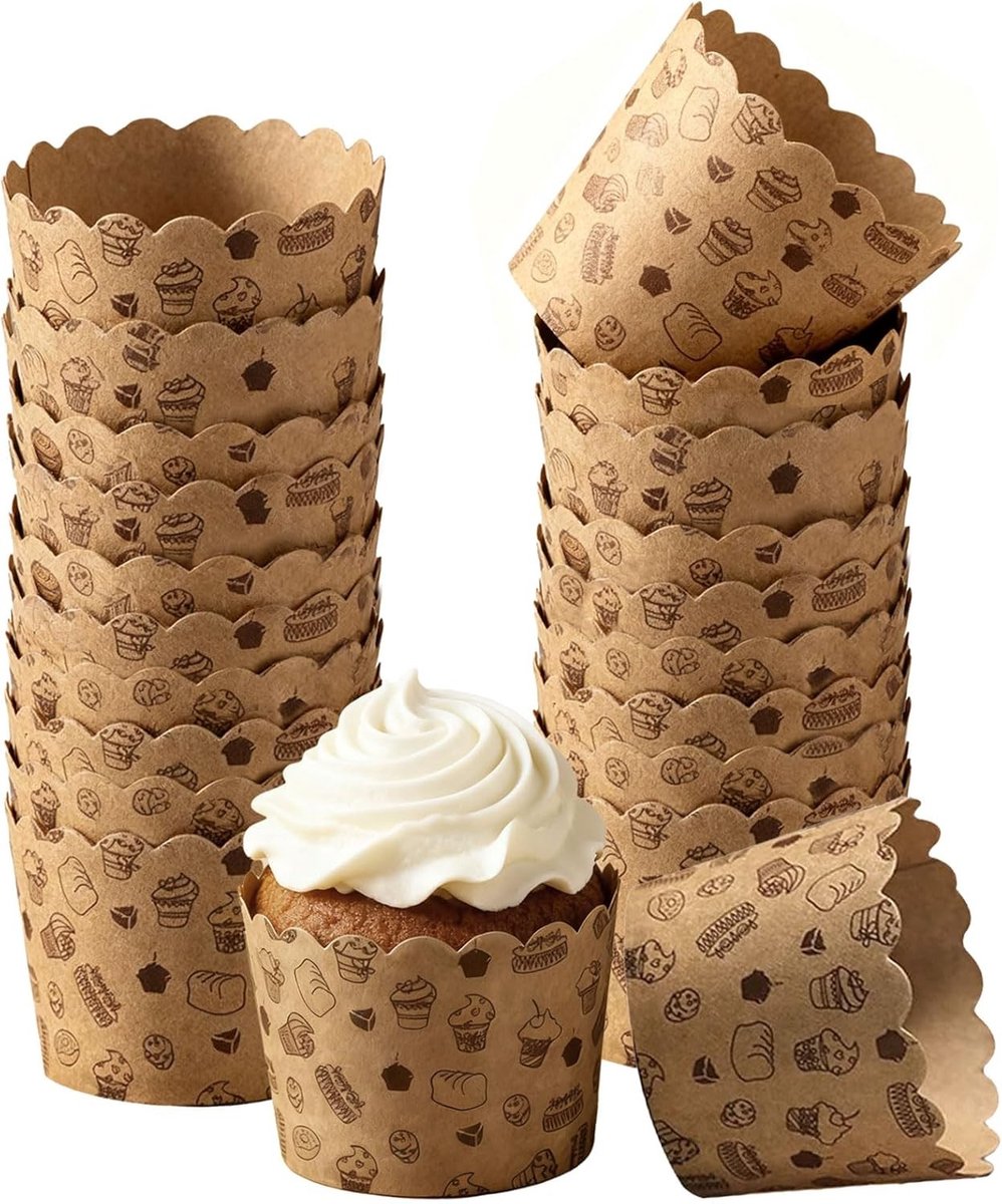 100 Stuks Papieren Muffin- en Cupcakevormpjes voor Bruiloft, Verjaardag en Theeparty - Bruin Kraftpapier