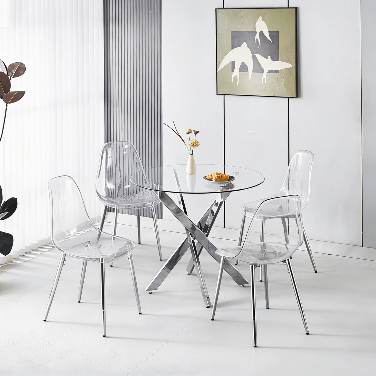 DESMIU Set Tafel En Stoelen 80 Cm - Ronde Eettafel Met 4 Eetstoelen - Voor Eetkamer En Kleine Eethoek - Metaal Chroom