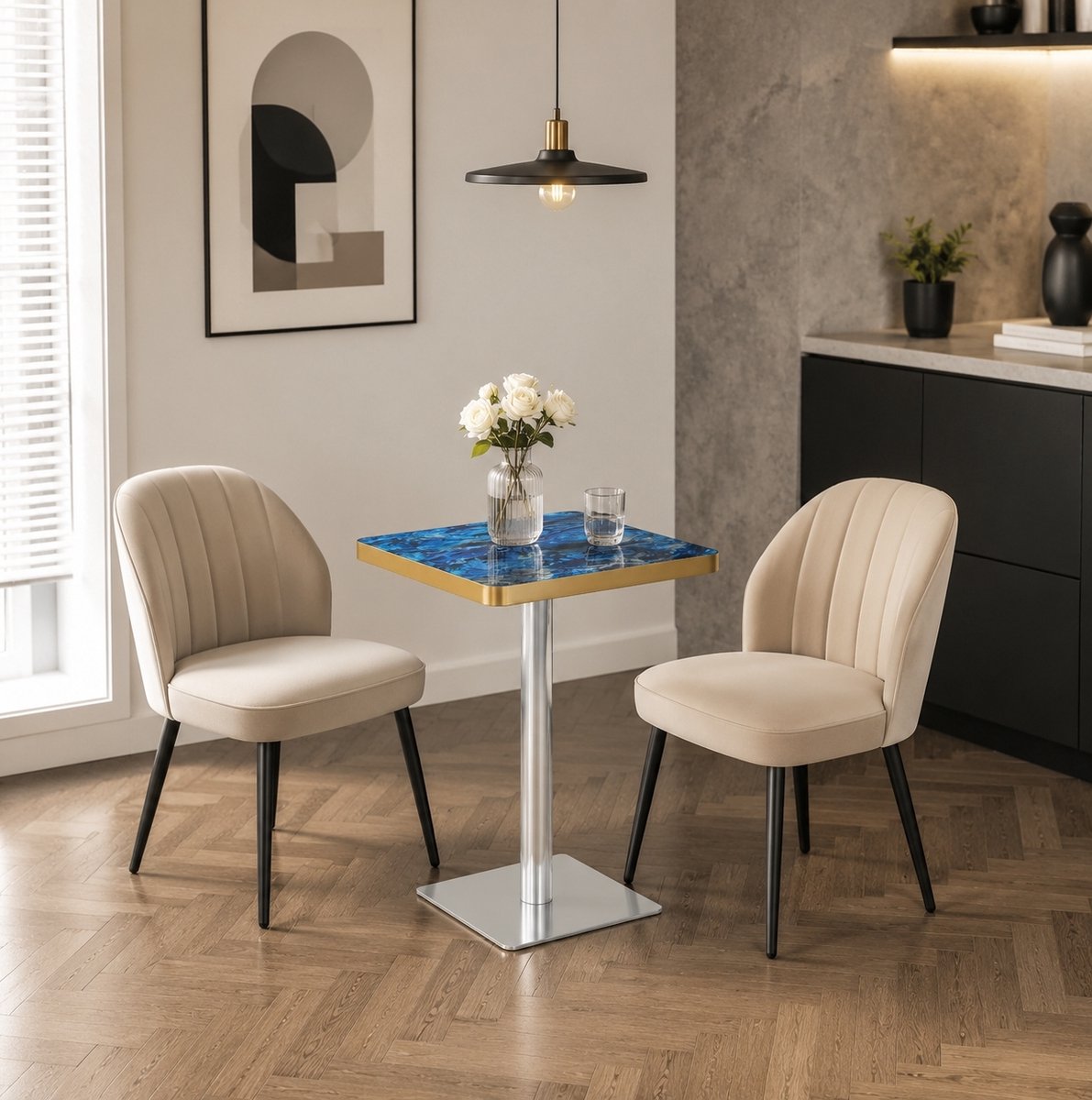 Wishdor - Eettafel - Vierkante tafel voor 2-4 personen - modern bistrodesign voor eetkamer of kleine ruimte - houtlook en metaal - blauw - 60 x 60 x 74 cm