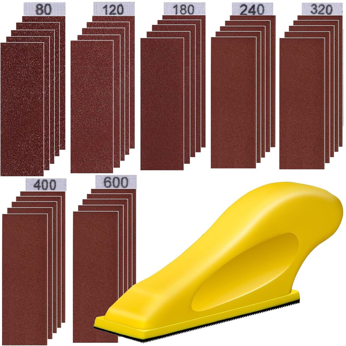 Set van 36 Stukken Schuurpapier met Hand Schuurblok - Fijn Schuurpapier voor Hout, Metaal en Glas, Geschikt voor Nat en Droog Gebruik, Diverse Korrelgroottes 80-600