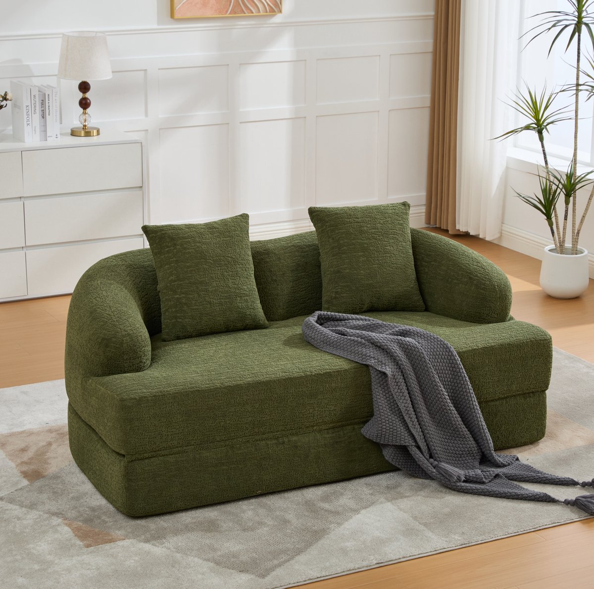 MIVRAY Slaapbank 157 x 84 x 65 cm - 2-in-1 Uitklapbare 2-Zits Bank Met 2 Kussens - Voor Woonkamer En Logeerkamer - Chenille Groen