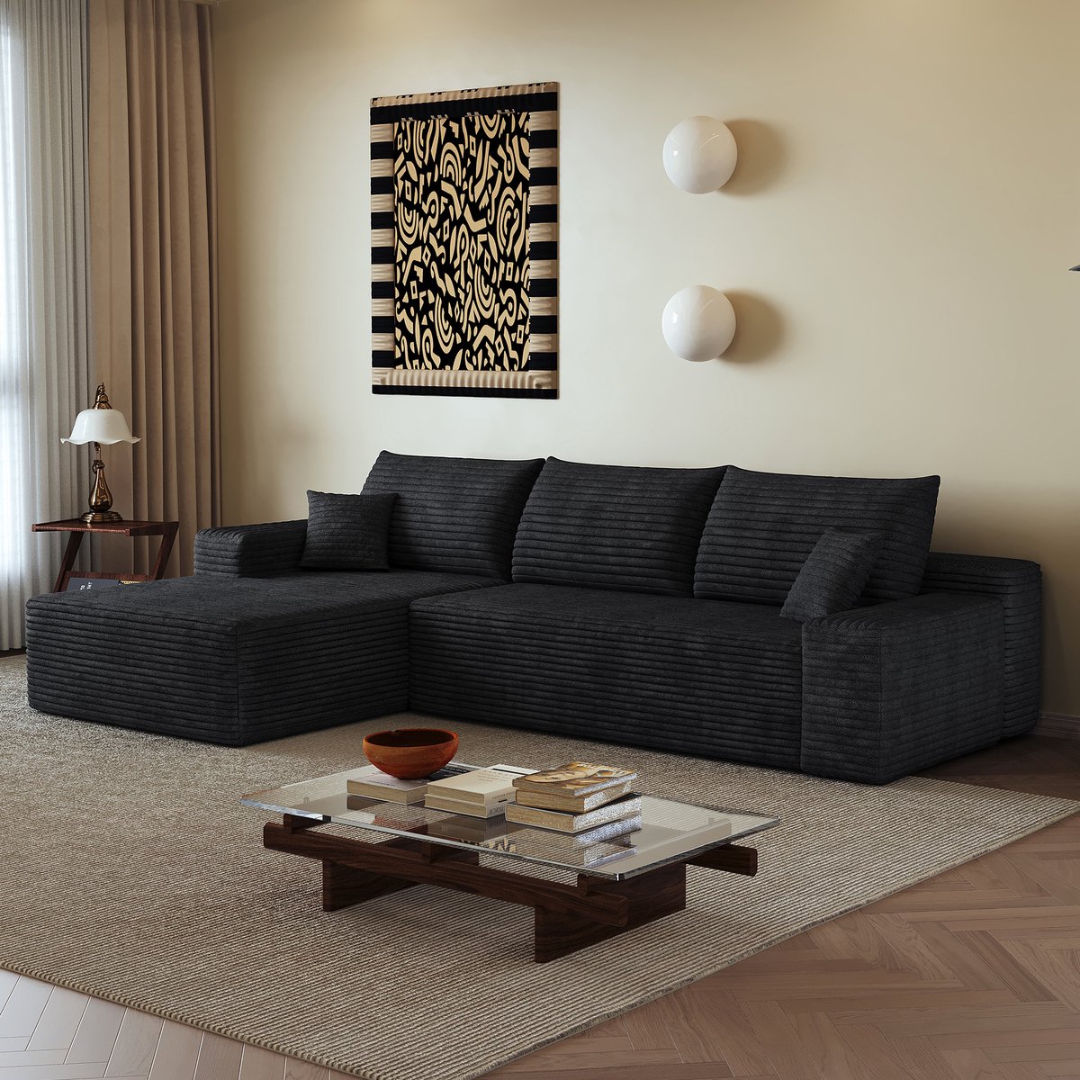 MIVRAY Hoekbank 270 x 175 cm - Modulaire L-Vorm Met Chaise Longue Zonder Montage - Voor Woonkamer En Appartement - Ribfluweel Zwart