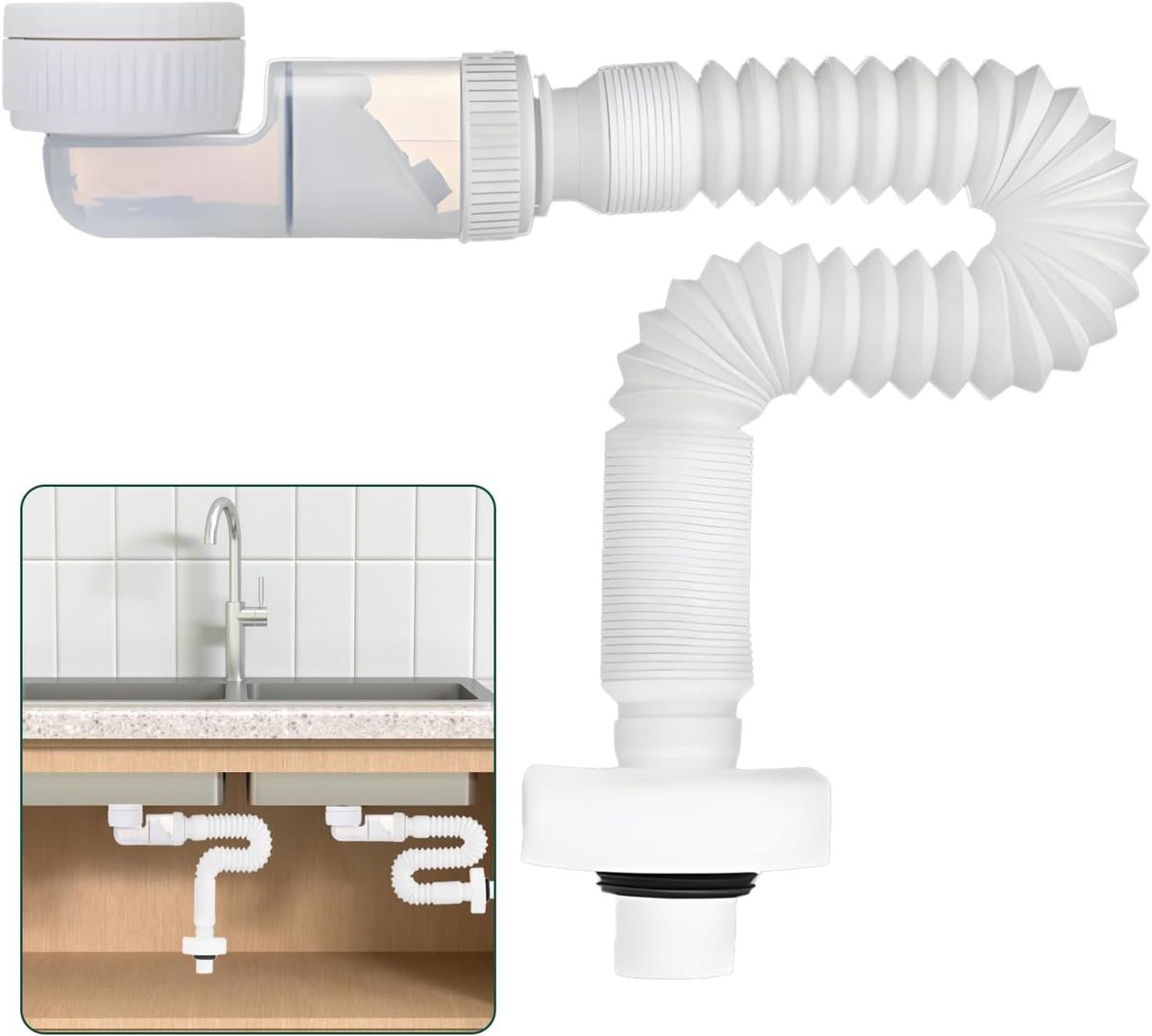 Basin Siphon Afvoerbuis - G1 1/4", Flexibele Afvoerslang, Rekbare Afvoerslang, 380-930 mm, Plastic, Geurvrij, Lekvrij, Geschikt voor Keuken en Badkamer, Wit, Afvoeroplossing, Sanitair Accessoires, Waterafvoer