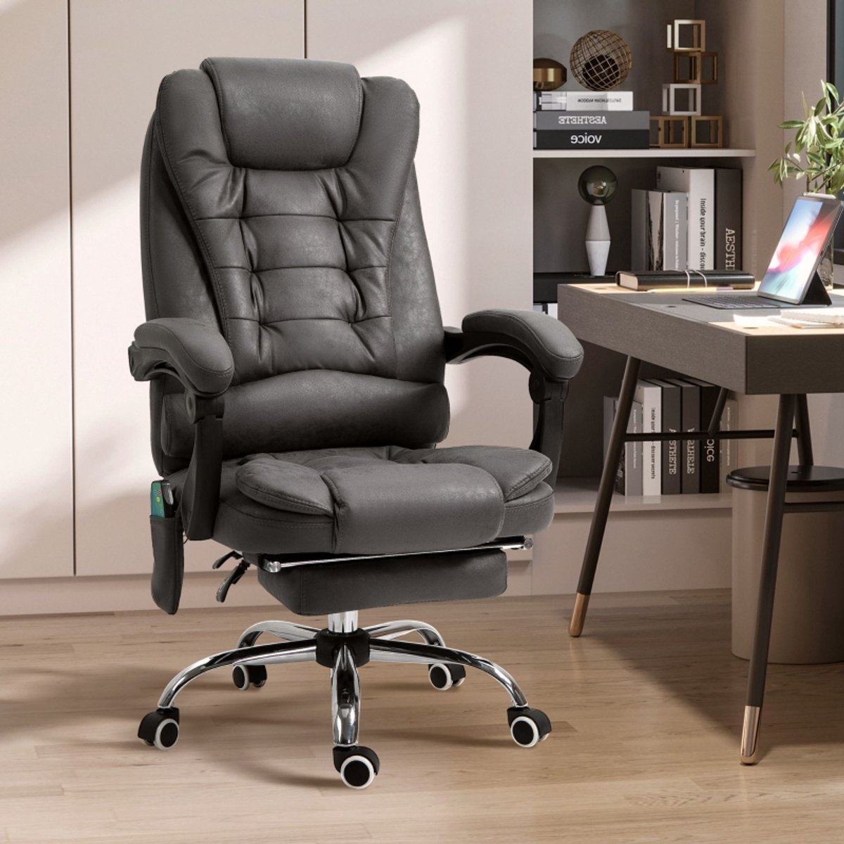 MODENUIT Bureaustoel 65 x 70 x 111-119 cm - Massage- en Warmtefunctie - Thuiskantoor - Polyester Donkergrijs