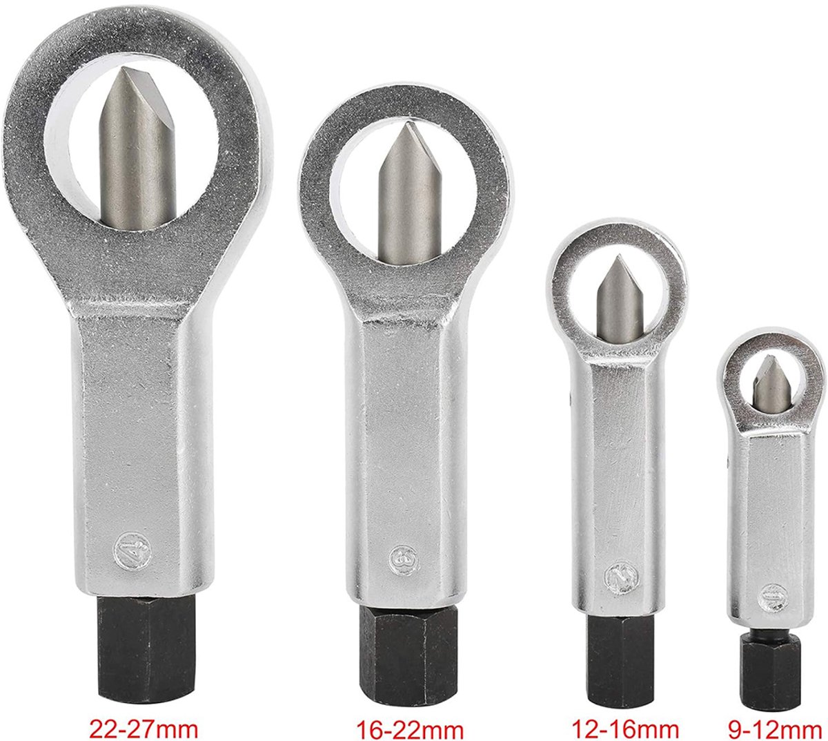 Vierdelige sleutelset - Moerverwijderaar - Moersplijter 1-4 - Moerbreekgereedschap - 9-27 mm - Chroom-vanadiumstaal - Rode plastic doos