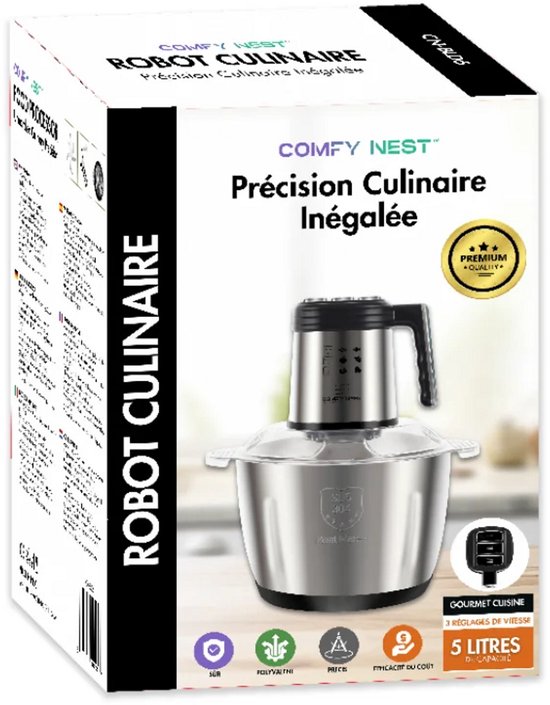 Foodprocessor - Elektrische Hakmolen - 1000W - 5 Liter RVS Kom - 3 Snelheden - 6 Messen - Zilver van Comfy Nest — afbeelding 5