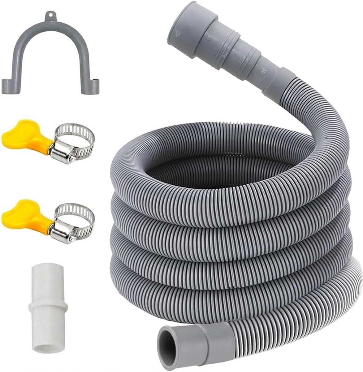 VHV Afvoerslang Wasmachine - Universele Afvoerslang - Vaatwasser Afvoerslang - Adapter 20/24/30/38 mm - Met 2 Slangklemmen en Slanghouder - Grijs