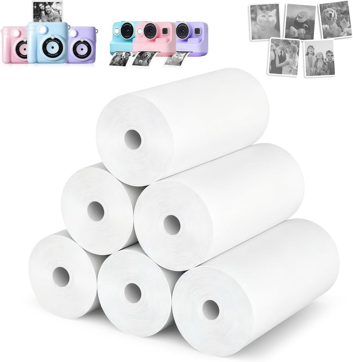 6 Rollen Thermisch Papier voor Kinderfoto's en Mini-Stickers, Bedrukbaar en BPA-vrij, 5,7 x 3 cm (Wit)