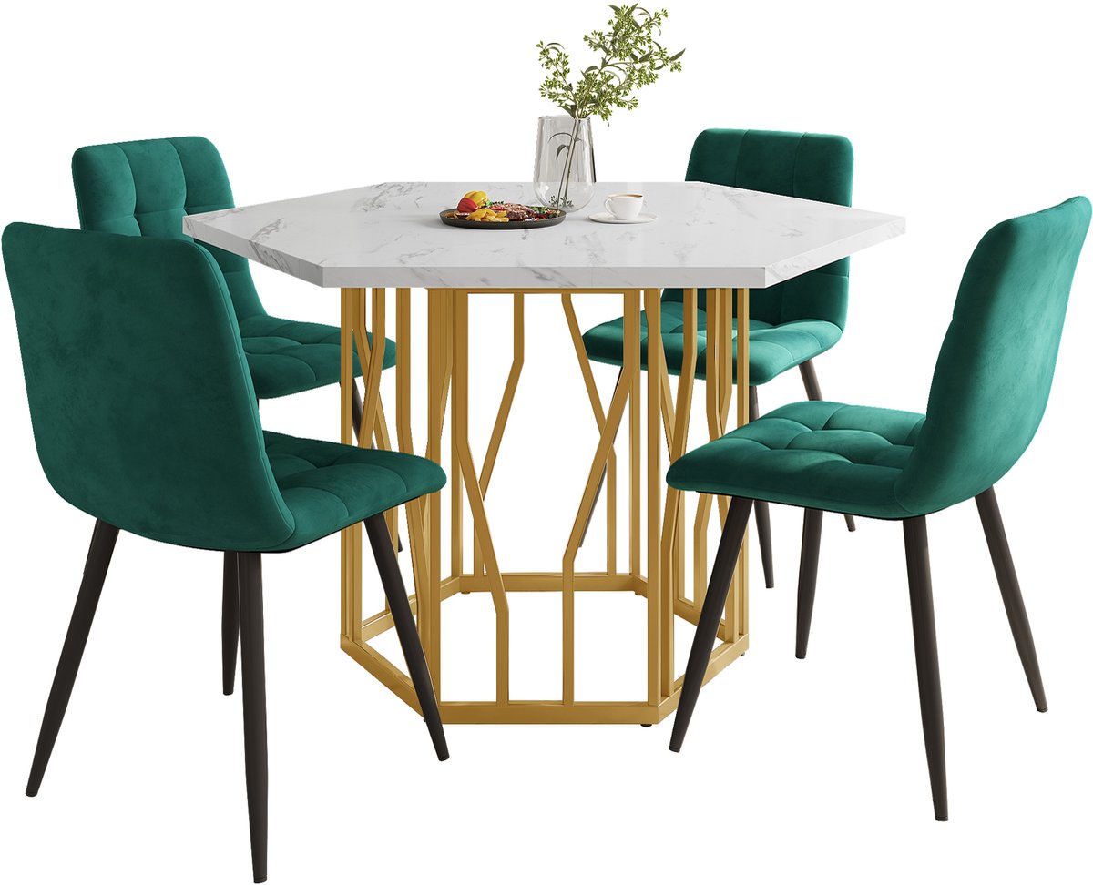 DESMIU Set Tafel En Stoelen 115,5 x 100 x 75 cm - 5-Delige Eetset Met Zeshoekig Marmereffect Blad En 4 Groene Fluwelen Stoelen - MDF Metaal - Goud