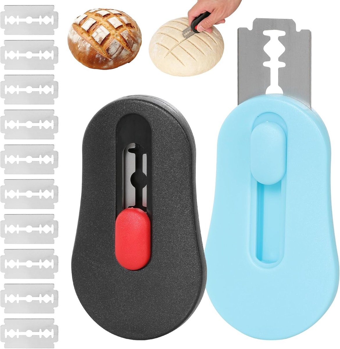 Bakkermessen set met 12 vervangbare lemmeten, magnetisch deegmes en broodsnijmes voor perfect brood en deeg bakken (blauw zwart)