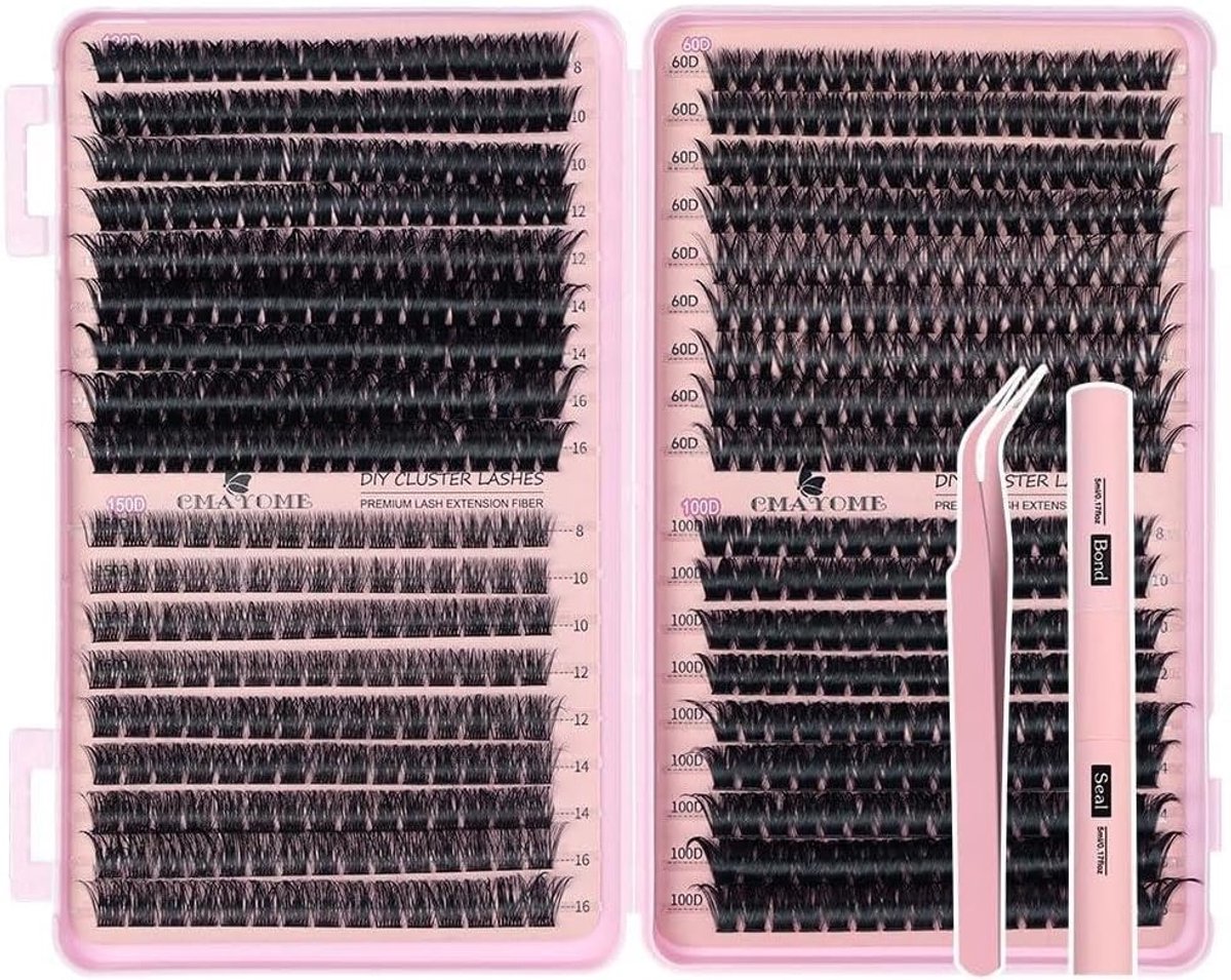 Eyelash Extension Set met 722 Stuks, DIY Cluster Wimpers, Lengte Mix van 8 - 16 mm, Natuurlijke Look, Kat Oog Effect en Inclusief Lijm en Pincet