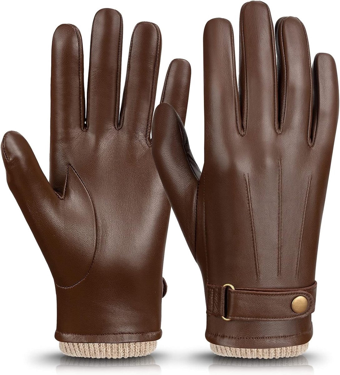 Heren Leren Handschoenen met Voering, Winddicht en Waterdicht, Geschikt voor Touchscreen en Perfect voor de Winter