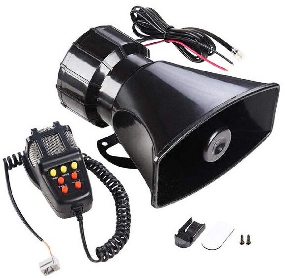 12V 100W multifunctionele 7-toon megafoon sirene set, vierkante zwarte hoorn met handmicrofoon, versterkte luidspreker voor auto, motorfiets en vrachtwagen, alarmtonen + spreekfunctie, complete montagekit