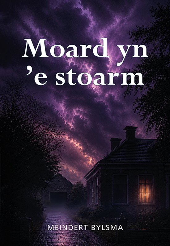 Donker huis met verlicht raam onder een stormachtige, paarse lucht met bliksem.