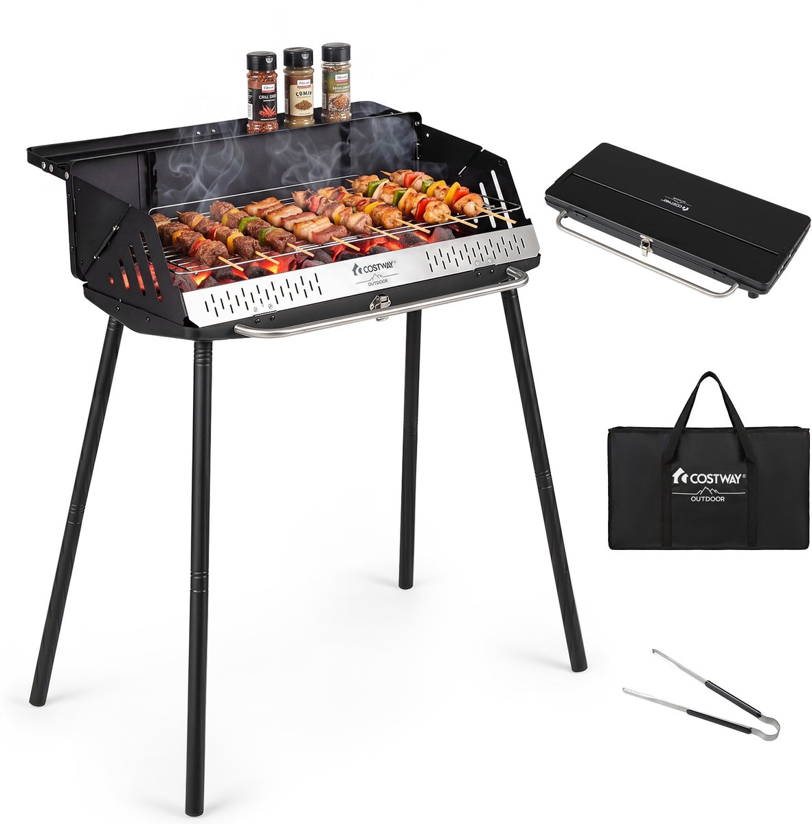 COSTWAY Draagbare houtskoolbarbecue | Campinggrill met afneembare poten, 2-traps roesthoogteverstelling, tafelgrill, staande grill voor camping, picknick en feest