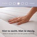 Hand drukt op een wit matras met gestructureerd oppervlak, met schuifregelaar voor zachtheid.
