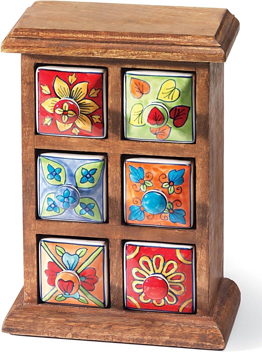 Opbergkastje Lades - Houten Kistje - Sieraden Opbergen - Handgeschilderd Decor - 18x10x25cm - Multicolor