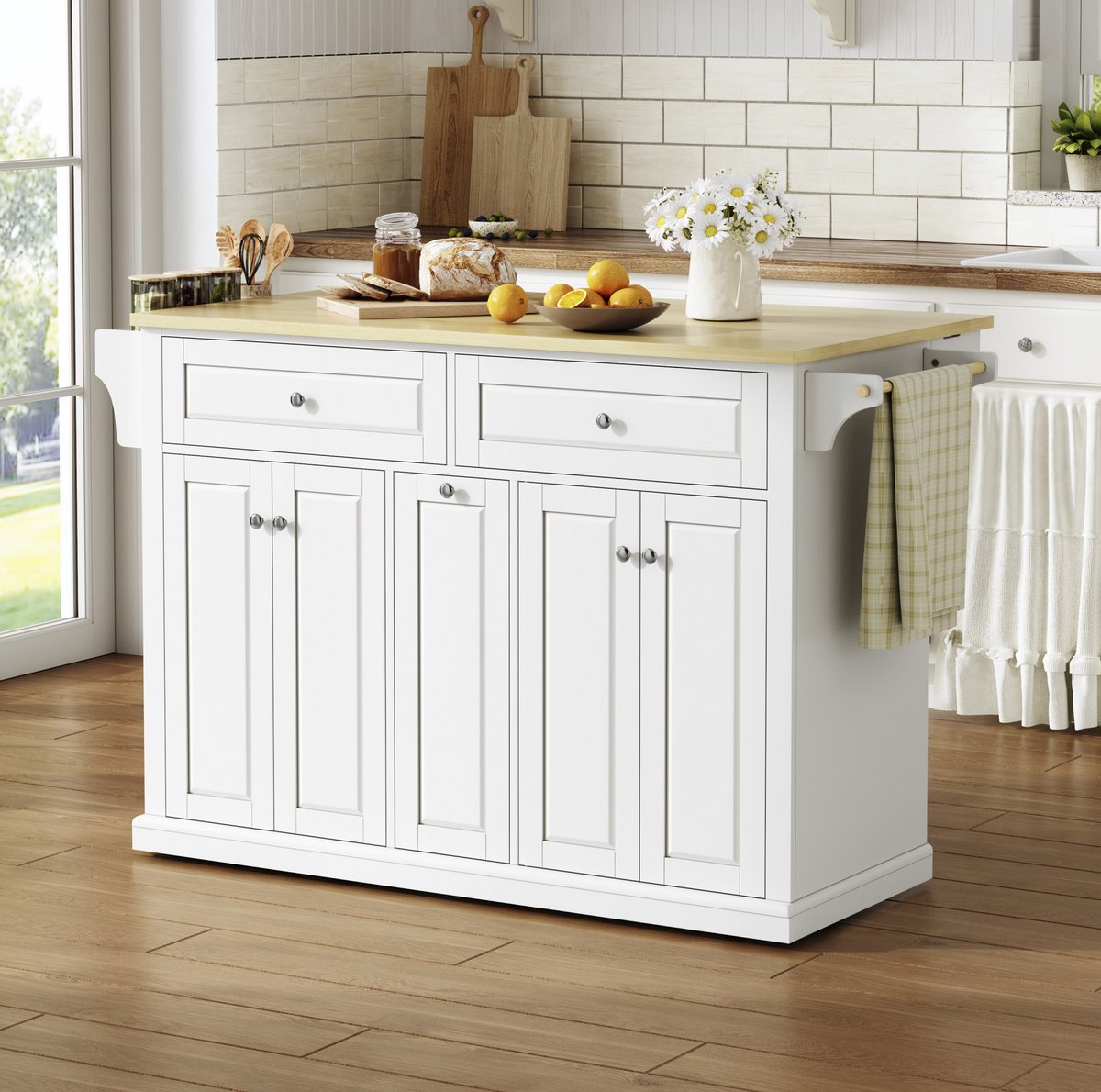 Wishdor - Keukenkast - Opklapbaar werkblad - Mobiele keukeninsel met lades en opbergruimte - Modern - Keuken - Houtlook en wit - 121 x 69 x 89 cm