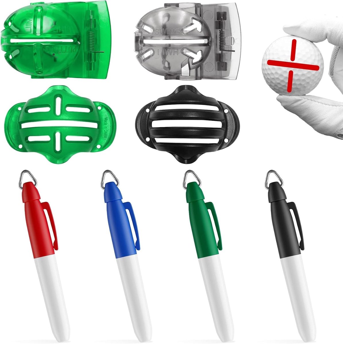 Uitlijningsset voor golfclubs met markeerstiften, sjablonen en kunststof accessoires voor precisie