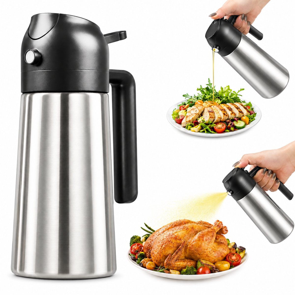 Daity 1 stuks - Keukensprayfles van roestvrij staal, 2-in-1 olijfoliesprayfles, inhoud 470 ml, geschikt voor koken, in de keuken, grillen, frituren met hetelucht, salades, bakken en andere toepassingen.
