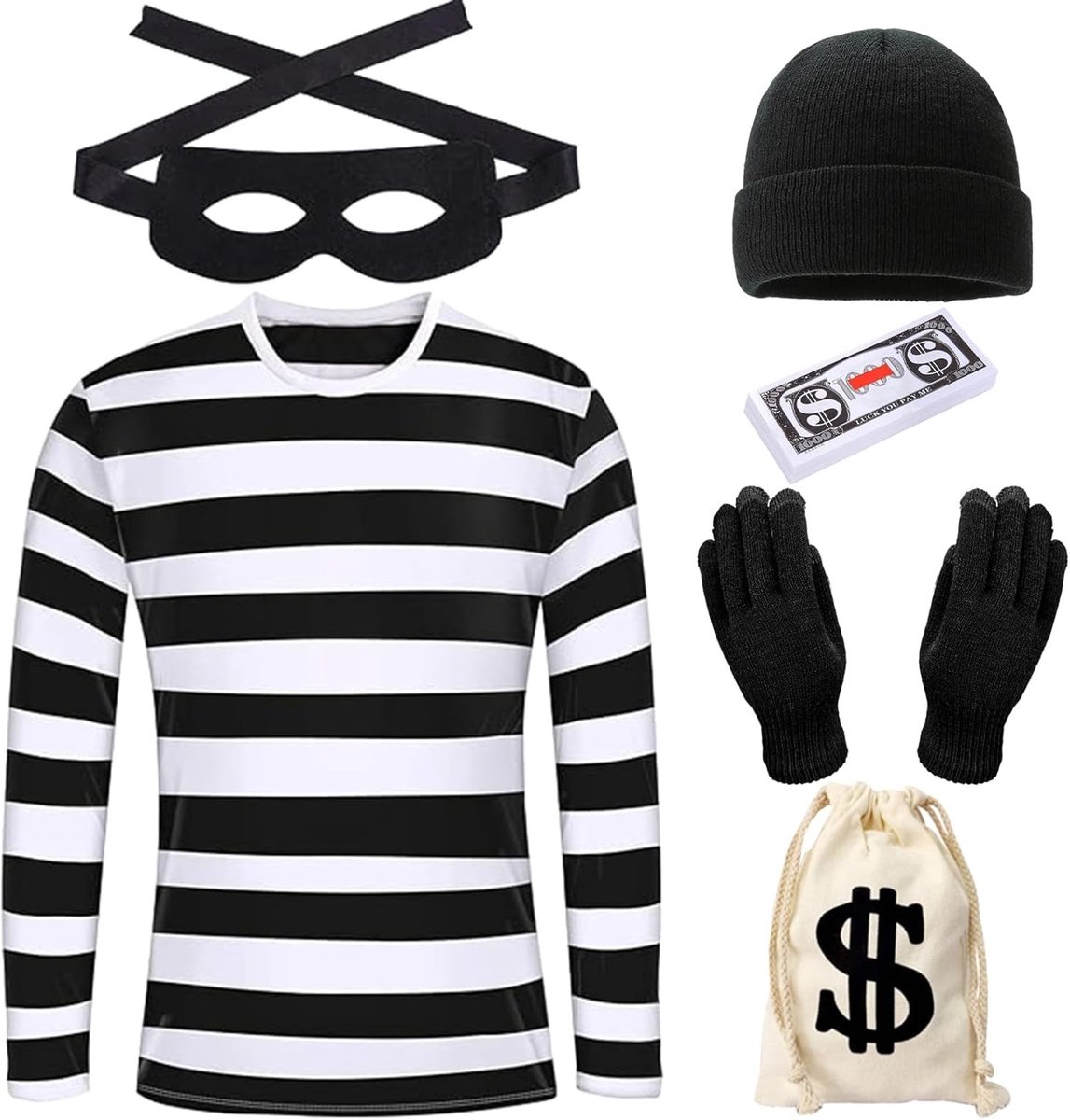 Bankovervaller kostuum voor volwassenen met hoed, handschoenen, masker en tas - perfect voor carnaval en themafeesten