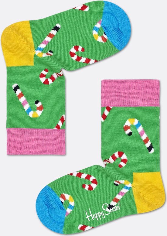 Happy Socks groene sokken met kerststokken, gele en blauwe tenen, roze boorden.