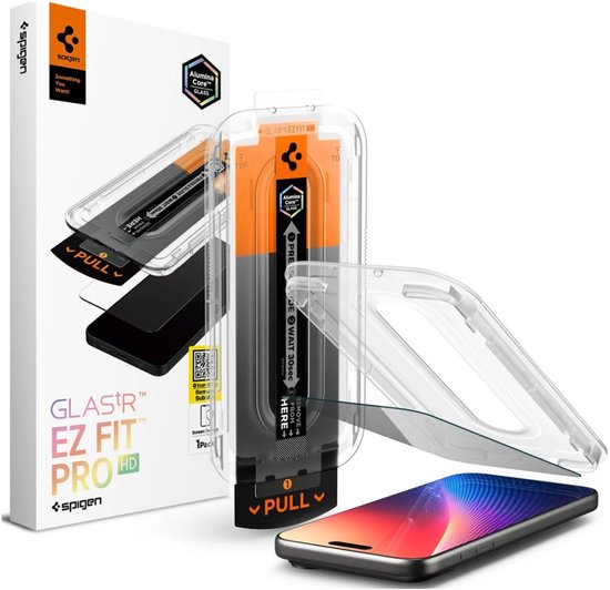 Doos met Spigen EZ Fit Pro HD privacy screenprotector en installatiehulpstuk. Naast een iPhone 14 Pro Max.