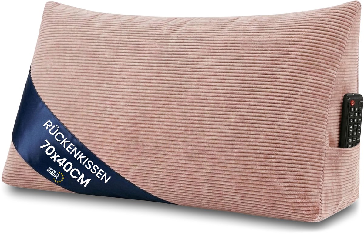 Leeskussen voor bed bank en hoofdbord 70 cm breed - groot driehoekig wigkussen rugkussen – bankkussen rugsteun lendenkussen om comfortabel te lezen in bed of tv te kijken kussen Roze – Corduroy