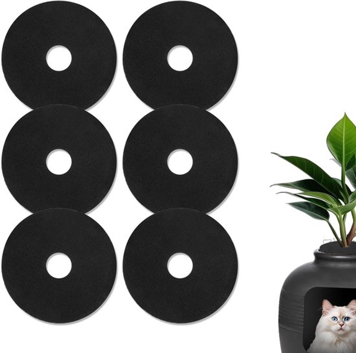 6 stuks verborgen kattenbakfilters, ronde kattenbakpastafilters van 20 cm met vervangende actieve kool voor kattenbakvulling om de lucht fris te houden (zwart)